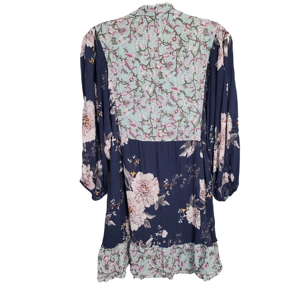 Umgee Size L Dress Blue CottageCore Floral Crinkle V-neck Ribbon Tie Puff Sleeve - Picture 3 of 9